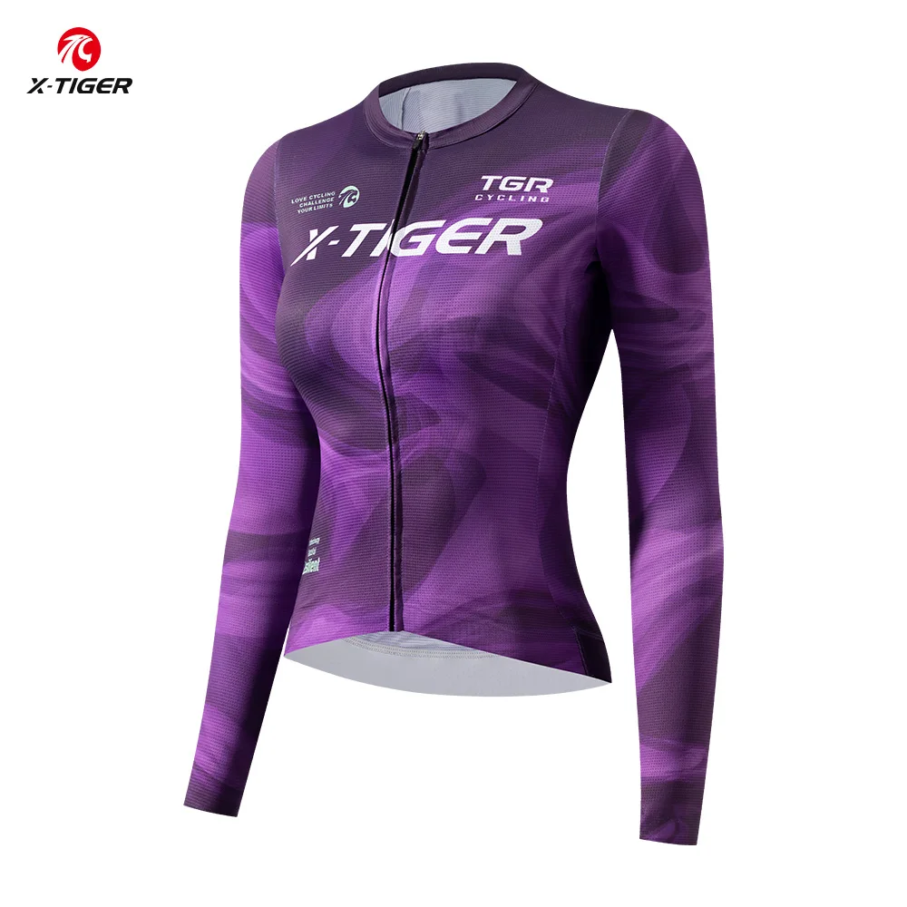 

X-TIGER новый женский велосипедный трикотаж с длинным рукавом дышащий быстросохнущий фиолетовый облегающий велосипедный костюм Pro велосипедная гоночная одежда