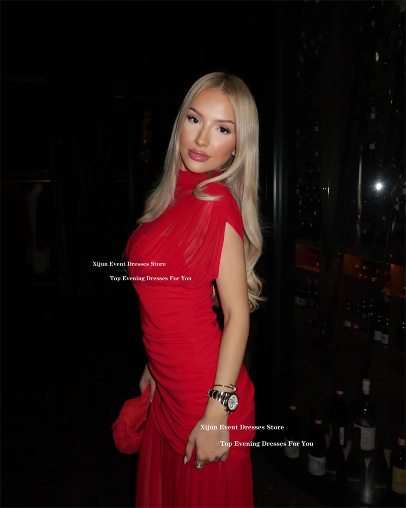Xijun Sexy Red Chiffon Long Evening Dresses Sleeveless Mermaid Birthday Party Dresses Pleated High Collar Prom Gowns Customize - Image 4