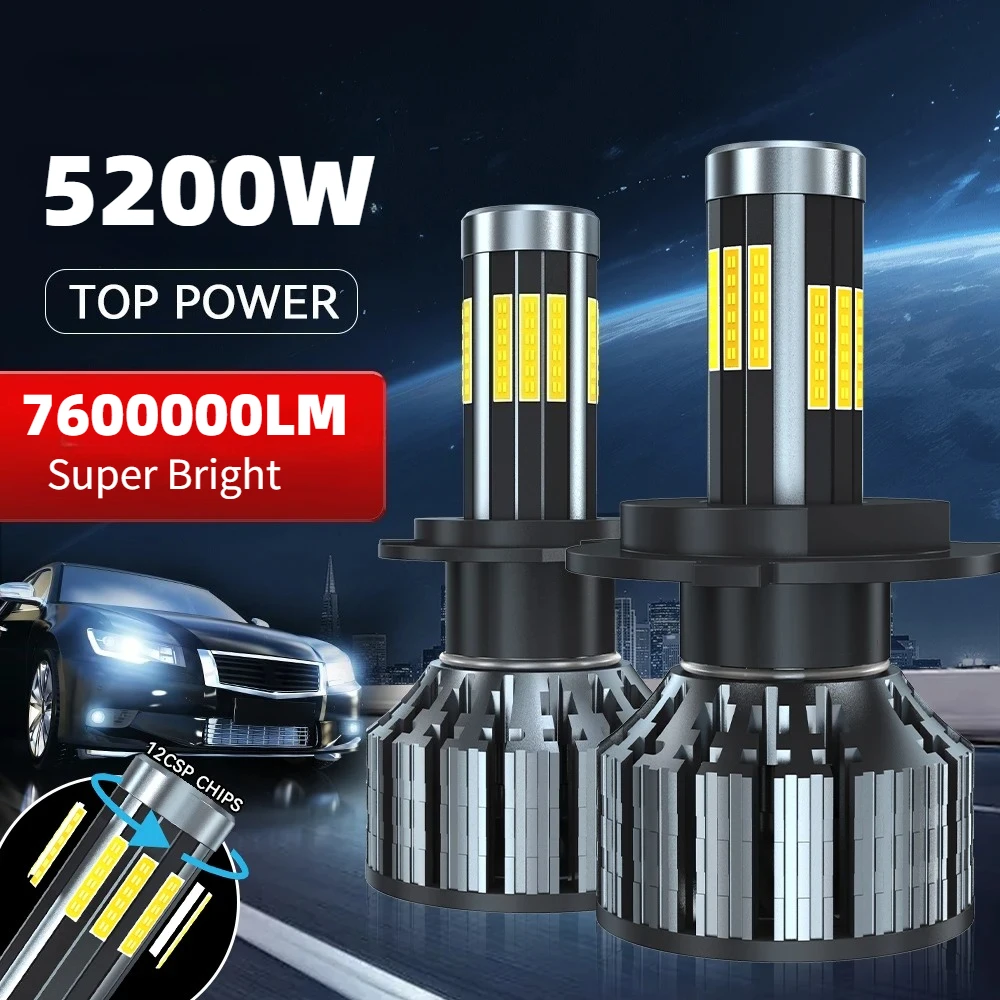 2 шт. 12-сторонние светодиодные лампы для фар H11 6000K H4 H7 9005 LED фары CANBUS 7600000LM 5200W сверхъяркие 360 градусов автомобильные фонари