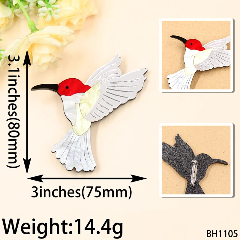 YAOLOGE Original Trendy Animal Bird Brooch White Hummingbird Shape Acrylic Badge Women Novel Clothes Bag Accessories Pins Gift