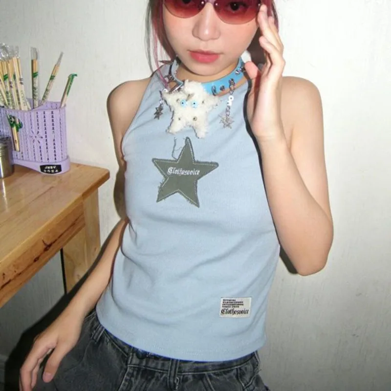 

Goth Y2k Star Patch Embroidered Vest 2000s 90s Vintage Girls Summer Korean Popular Clothes Fashion Hip Hop Emo Tank Tops Women