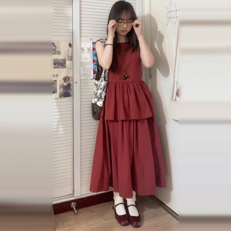 Vestido chaleco sin mangas rojo francés para mujer en verano 2025, nuevo conjunto de traje pequeño y de alta gama, falda larga