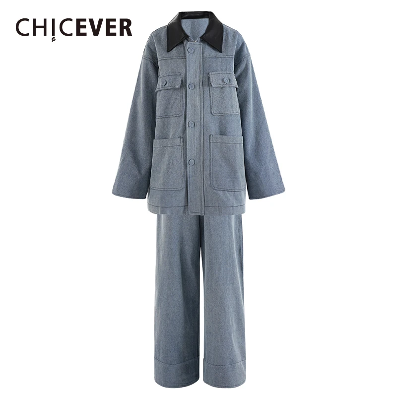 

CHICEVER Spliced Washed Denim Two Piece Set for Women Lapel with Pu Leather Long Sleeve Coat Straight Pant Vintage Suit Female