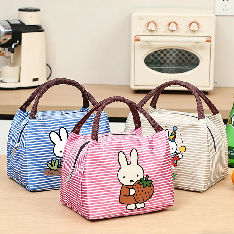 Miffys Lunch Bag Stripes Insulated Woman Portable Lunch Handbag Aluminum Foil Rice Bag Meal Pack Tote Pack Kawaii Bento Bag Gift