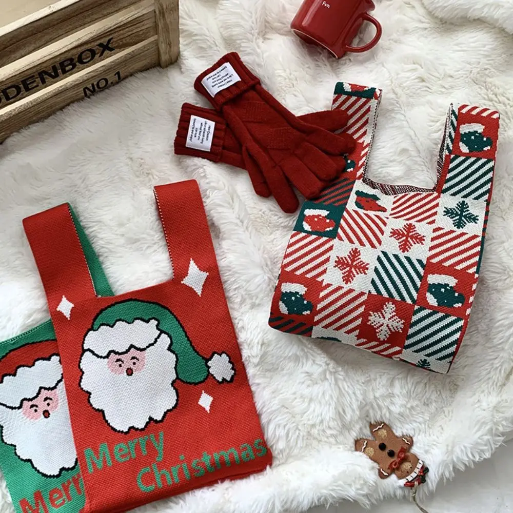 Fashion Christmas Gift Knot Wrist Bag Santa Claus Wool Bucket Bag Christmas Knitted Bag Handbag Weave Tote Bag Student