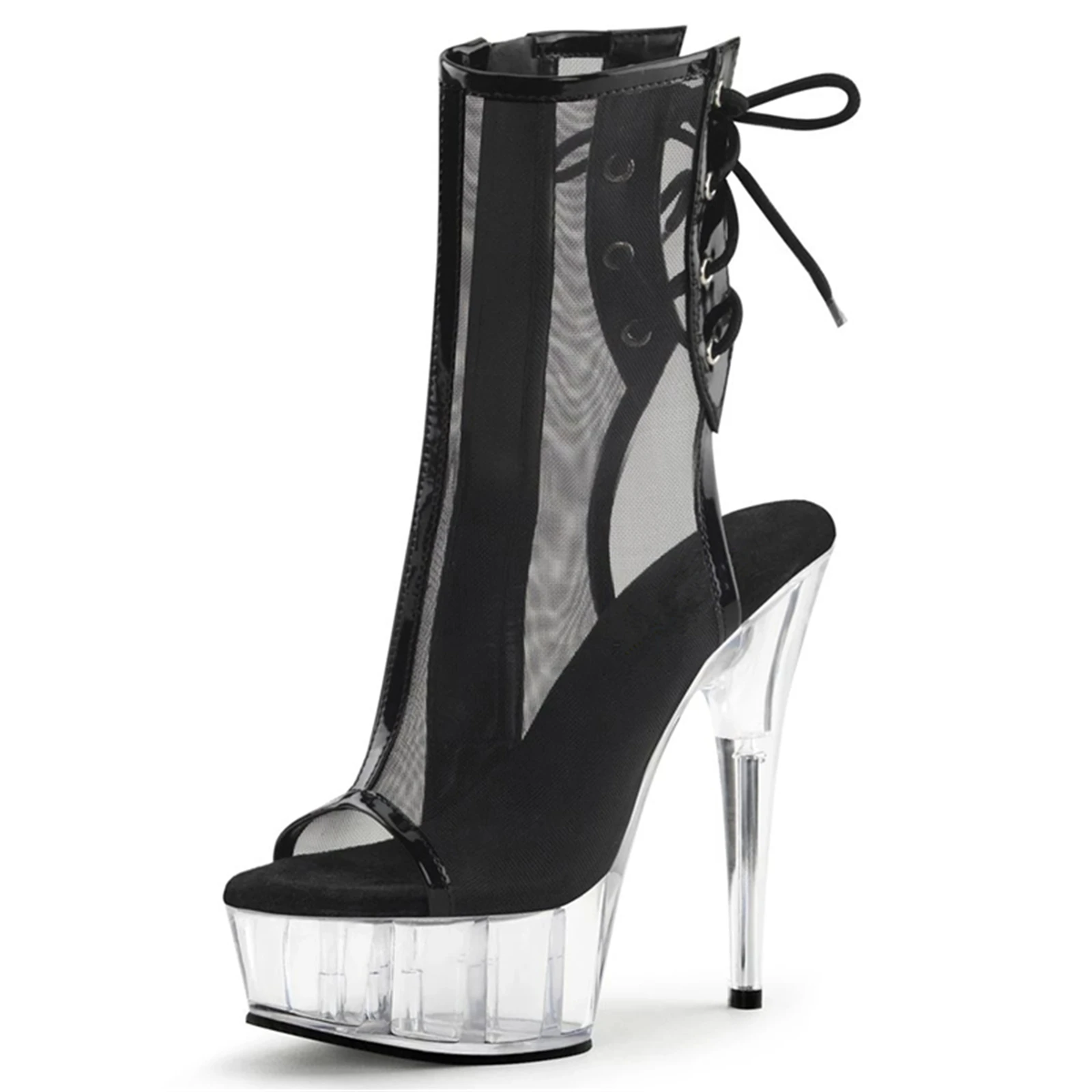 

15CM Clear Platform Stiletto Sandals, Silver Mesh Peep Toe Evening Shoes with Lace-Up, Chunky Heel Party Boots for Women