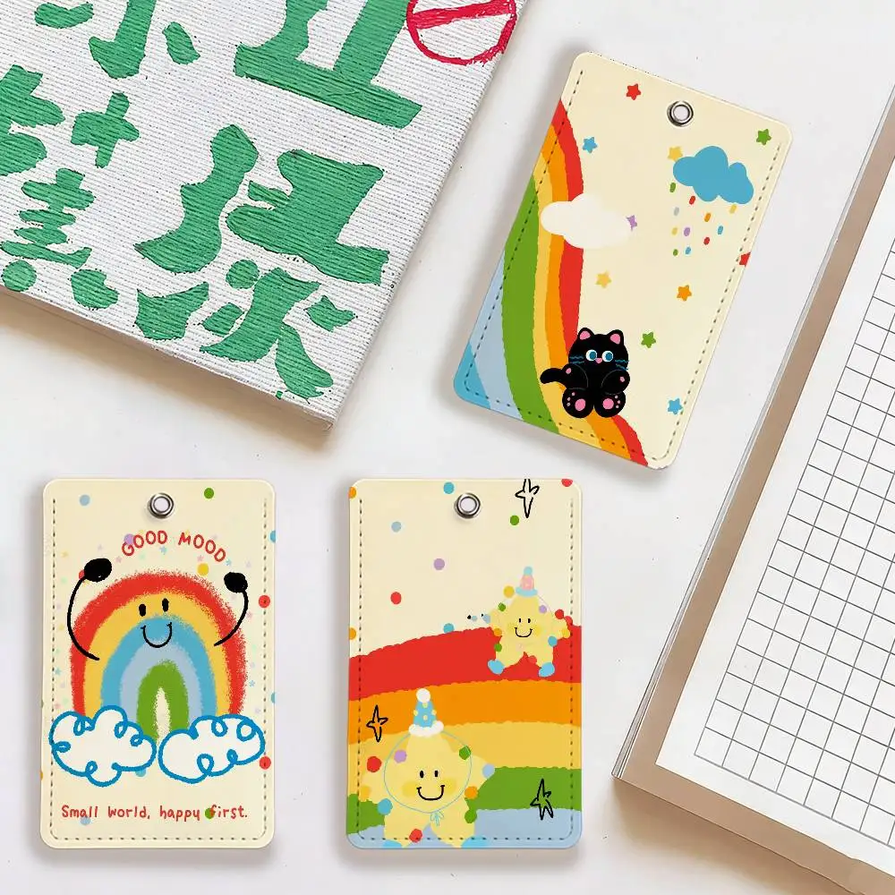 

Cartoon Rainbow Kawaii Card Holder Pass Hang Rope Keychain ID Credit Card For Keys Accessories Gifts