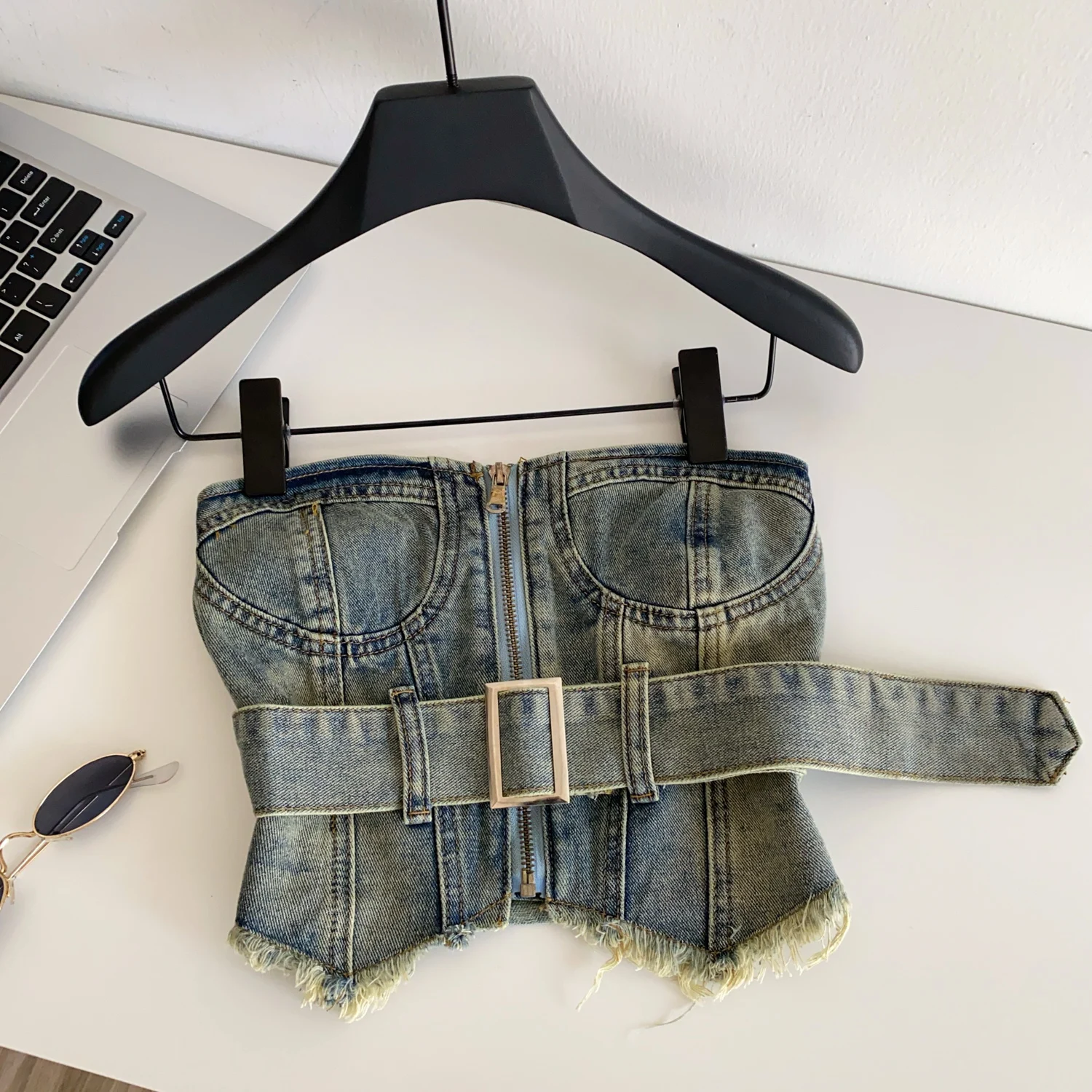 

Chic Vintage zipper sashes solid off shoulder Tank Top Korean Fashion autumn Women Sling Crop Top