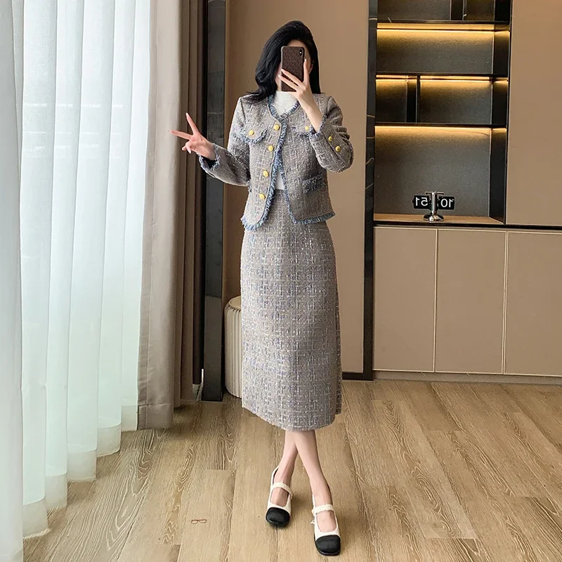 2025 ใหม่ชุดกระโปรงเสื้อผ้าผู้หญิง Tweed ภาษาฝรั่งเศสคํา Socialite Elegant Woolen สั้นเสื้อ + กระโปรง 2 ชิ้นชุดหญิง office lady