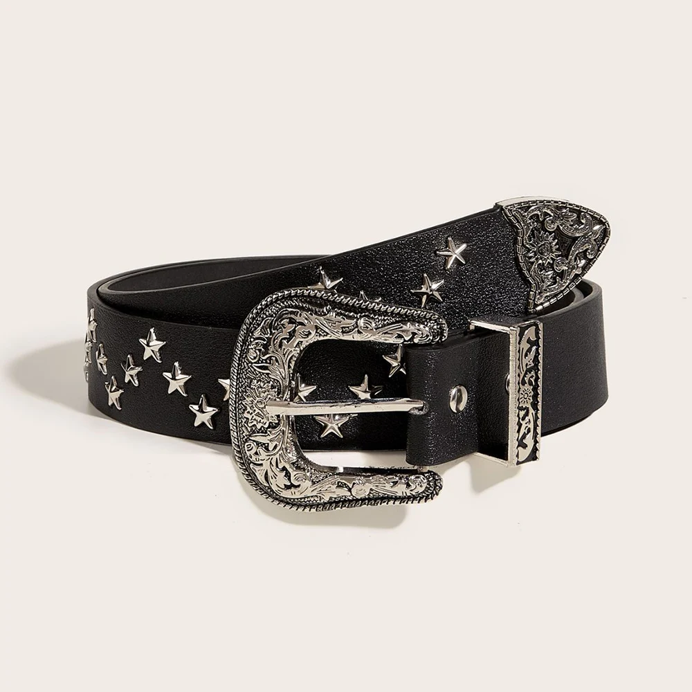 

2024 Women Star Eye Rivet Belt Curved Buckle Grommet Waist Strap Hollow Out PU Leather Jeans Decorative Fashion Waistband