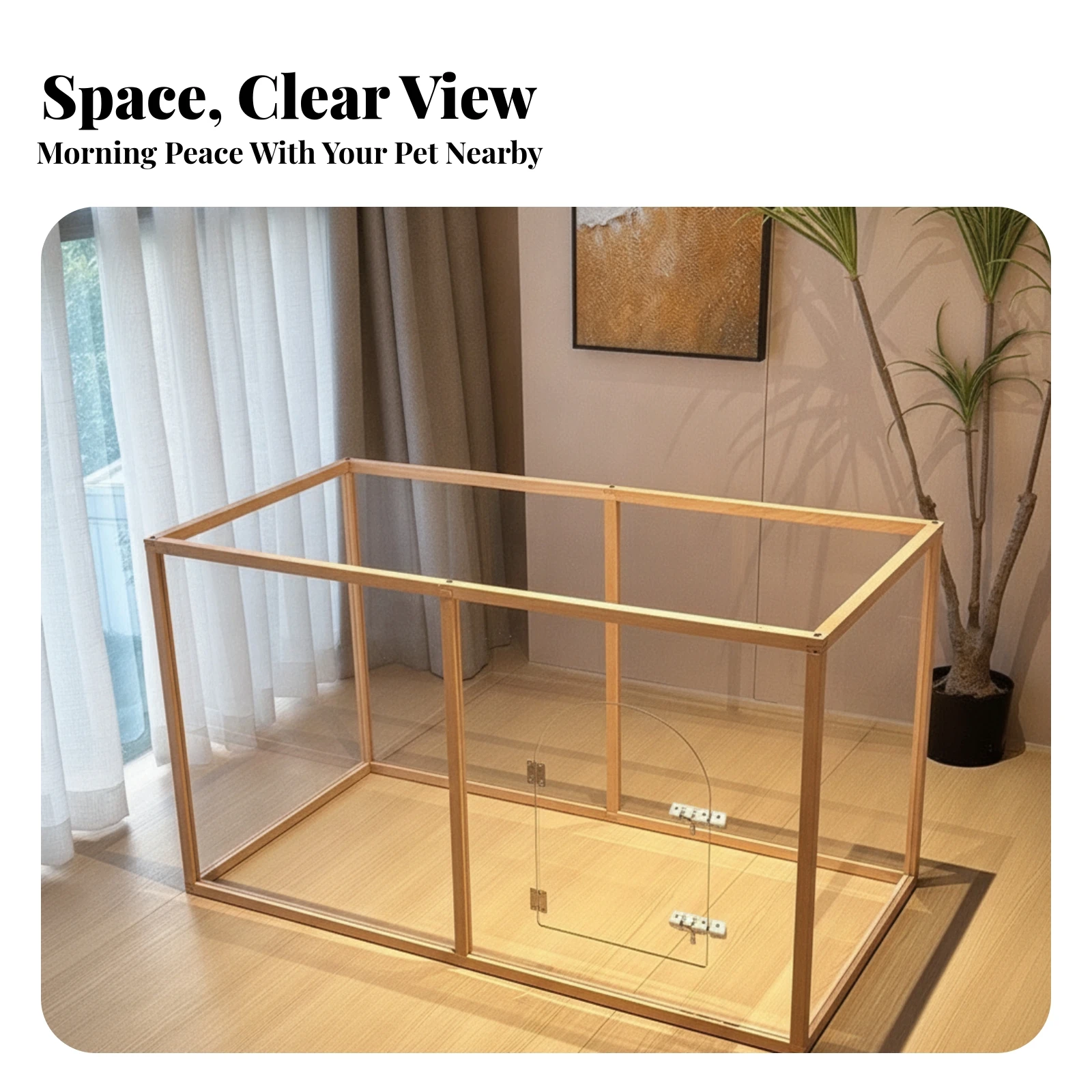 Dog Crate with Transparent Walls Safe Pet Pen with Wooden Frame Indoor Dog Kennel Long-Lasting for Small Dogs, Living Rooms