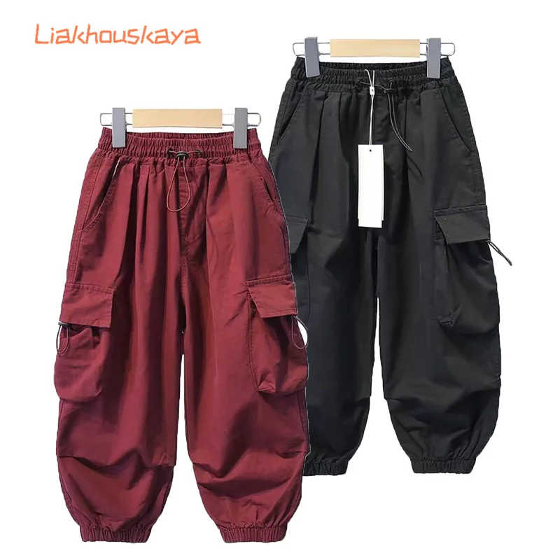 2026 New Spring Autumn Boys Ankara Red Cargo Joggers Loose Casual Big Pocket Kids Ankle Trousers Fashion Long Pants For Over