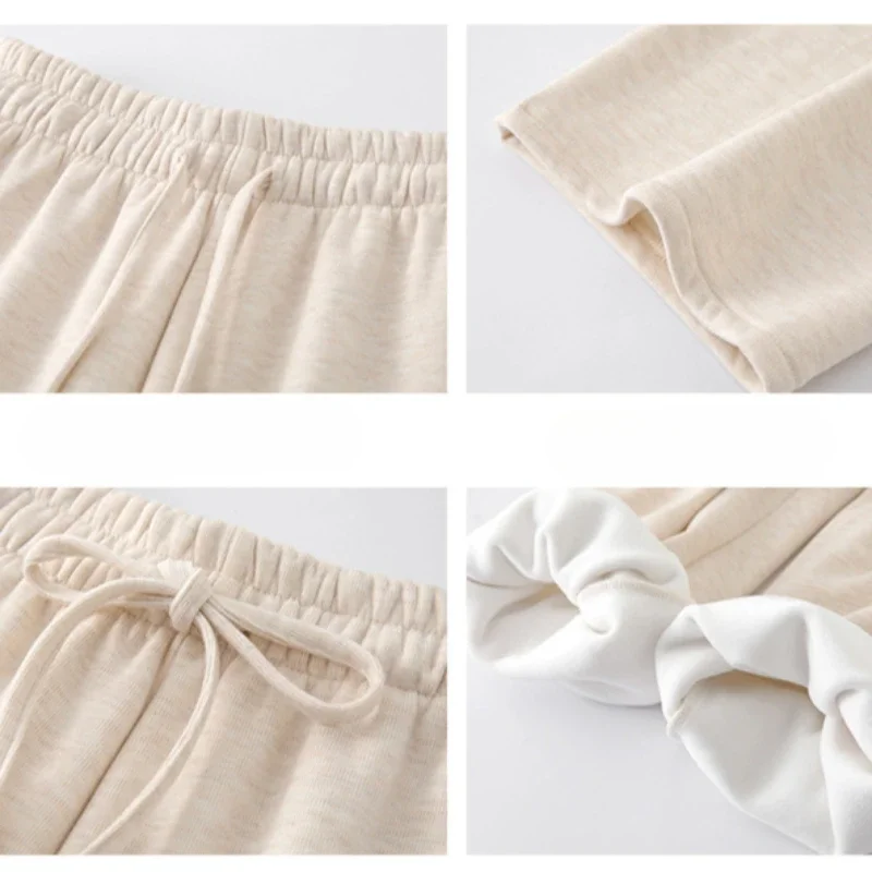 Knitted Drawstring Plush Wide Leg Pants Fashion Solid Color High Waist Floor Length Pants Slimming Straight Leg Casual Pants