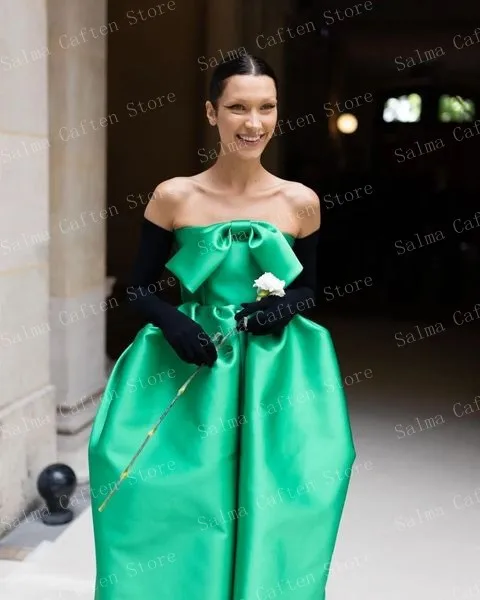 Green Satin Dress Puffy Strapless Women Clothes With Bow Floor Length Prom Dress Elegant Simple Evening Dresses Woman Party