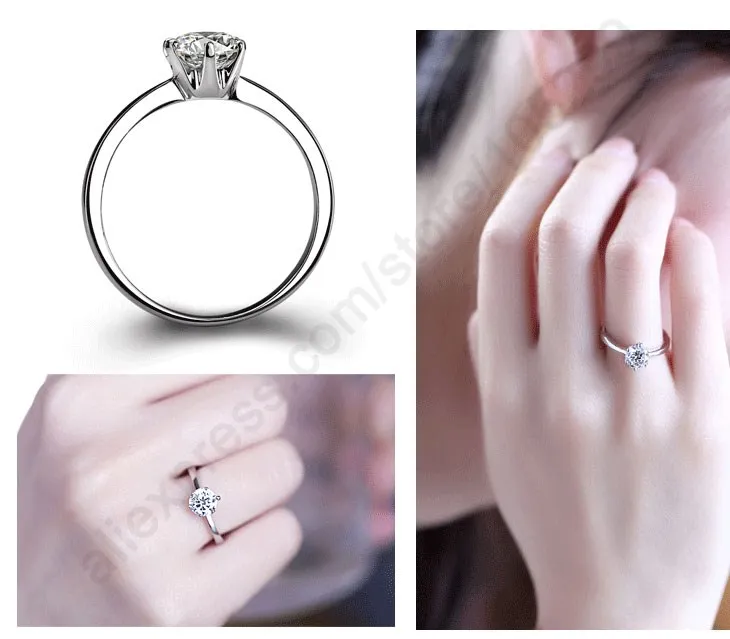 Hot One PC Classic Real Pure 925 Sterling Silver Jewelry Crystal Cubic Zirconia CZ 6 Claws Women Finger Rings Nice Gift