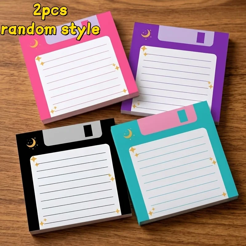 2‑Pack Retro Floppy Disk Sticky Notes(Random Colors),3×3in Lined Starry Sky Moon Memo Pad,Desk Decor Aesthetic Planning Supplies