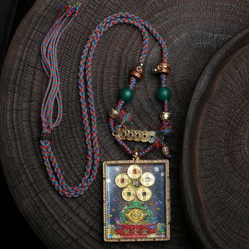 

Tibetan-Style Collectible Thangka Treasure Pot Fortune-Attracting Sweater Chain with Five Emperor Coins and Green Agate Necklace