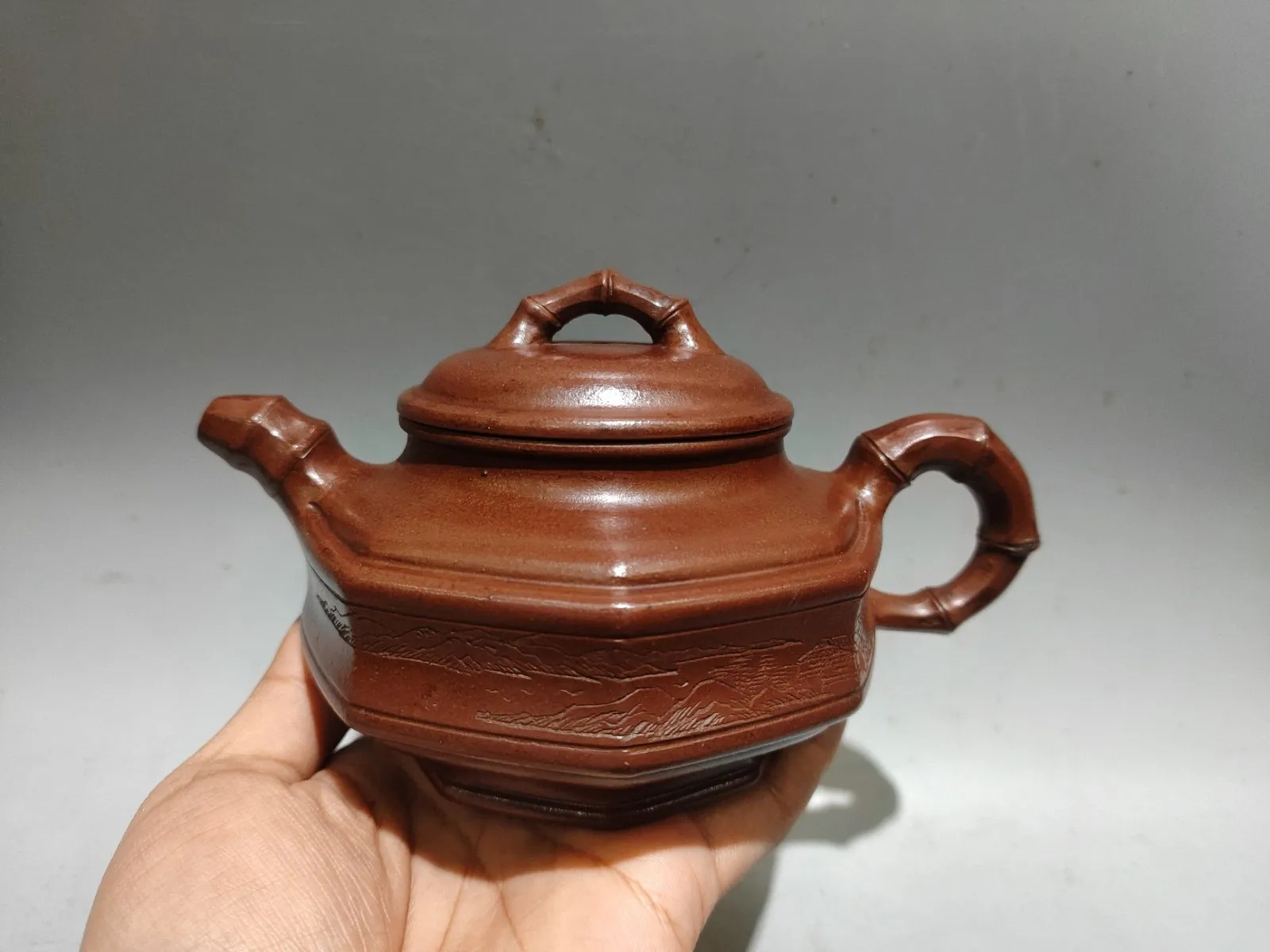 Yixing Zisha Teapot Unique Pu-Erh Pot Bamboo Carved Octagonal Segment Eight