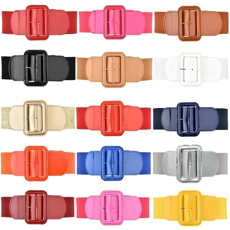 Bright Candy สีเข็มขัดกว้าง Stylish Square PIN BUCKLE Elegant PU เข็มขัดคลาสสิกตกแต่งชุดเสื้อ Girdle สําหรับผู้หญิง