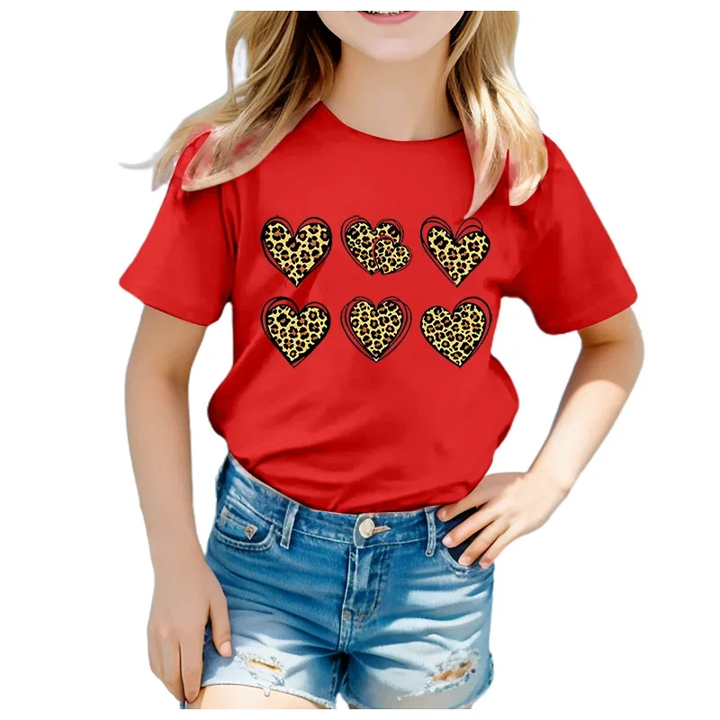 Leopard Hearts Love Print Three Hearts Printed Short-Sleeved Girls Round Neck T-Shirt Kids Clothes Red White Black T-Shirt