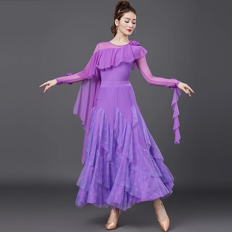 

Одежда для соревнований по бальным танцам для женщин, 2022, большие распашные юбки с длинными рукавами, костюм для взрослых, вальс, современные танцевальные костюмы XH3908