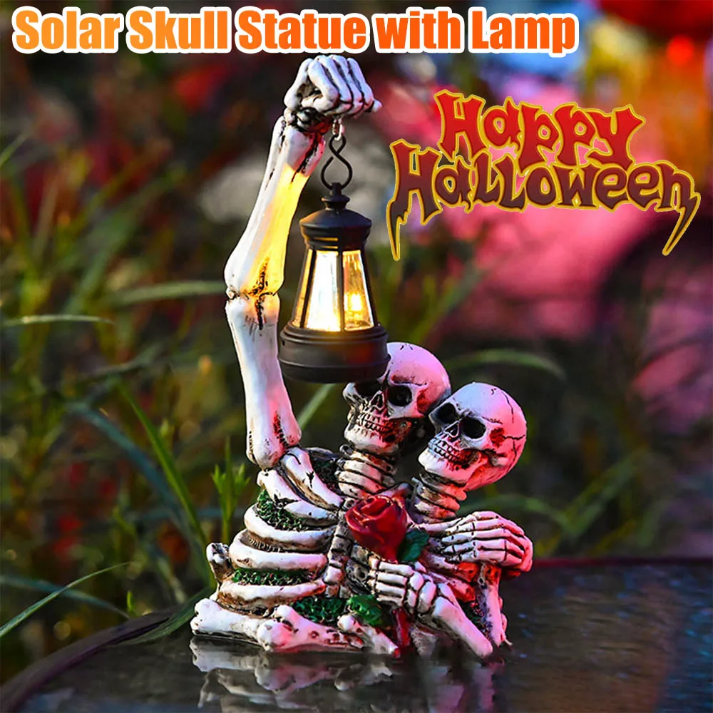 Halloween Solar Horror Skull Statue with Lantern Death Skull Figurka Auto On & Off Rose Skeleton Sculpture Garden Decoration