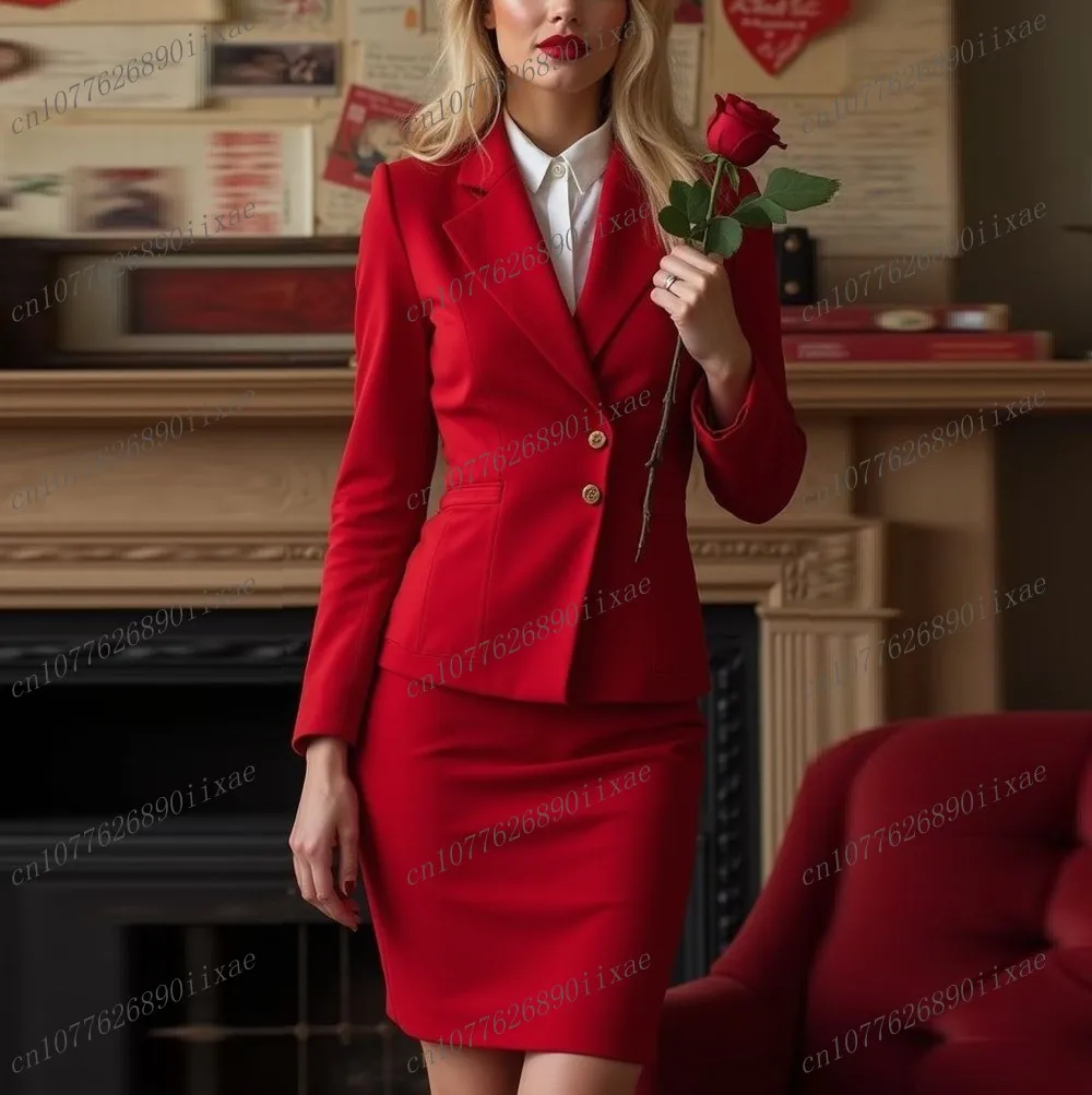 

Red Blazer And Skirt Women Suits Lady Formal Occasions Business Tuxedos Mother Wedding Party Ladies 2 Piece Set Jacket Skirt