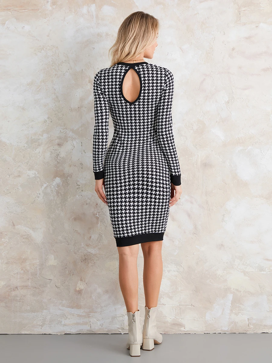 wsevypo Autumn Houndstooth Print Dress Women\'s Long Sleeve Round Neck Wrap Bodycon Dress Office Lady Hollow Out Back Vestidos