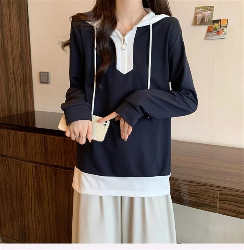 

Elegant Patchwork Hooded Sweatshirt Women Fashion Long Sleeve Pullover Sweatshirt Large Size Casual Loose Spring Autumn Tops