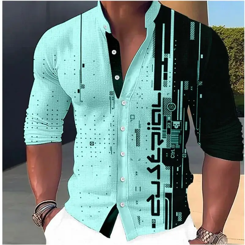 Men's Geometric Pattern Printed Stand Collar Shirt Thickened Fleece Autumn  Collar Nine Sleeve Length Special Wide Fit
