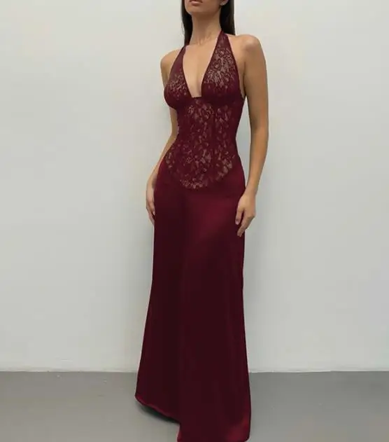 

2026 Summer New Women's Fashion Hollow Back Lace Splicing Waist Deep V Sexy Hanging Neck Party Evenin Dress