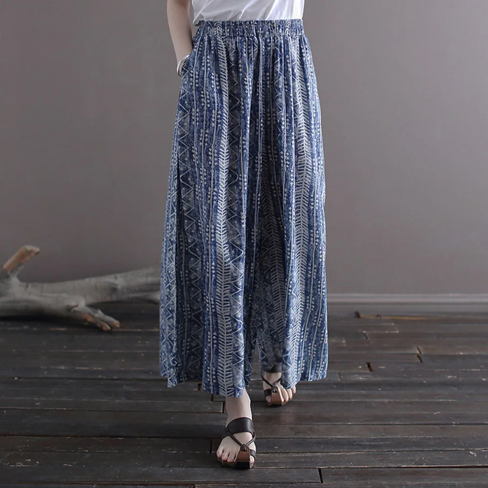 Batik Style Cotton Linen Printed Women's Summer Ultra-Thin Wide-Leg Pants Casual Loose National Style Beach Nine-Minute Pants