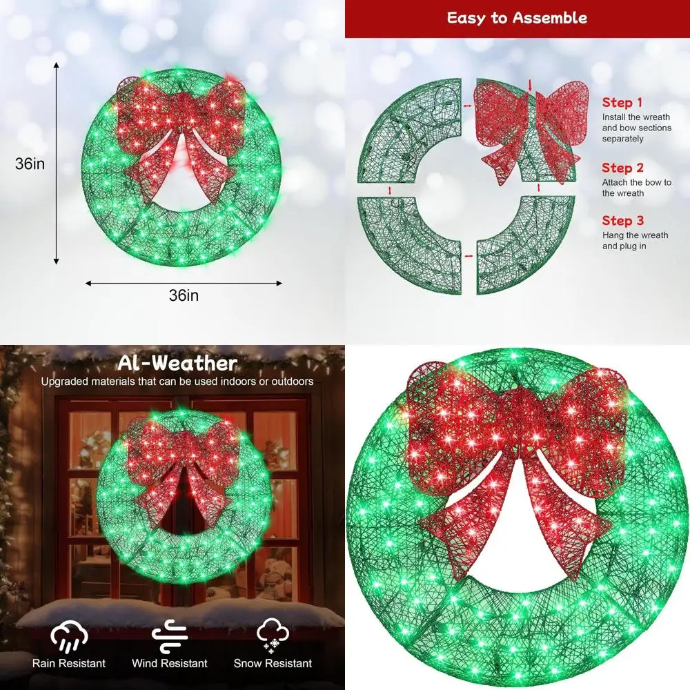 

Наружный светодиодный металлический рождественский венок, 36 предварительных подсветки с 120 лампами, зеленый и красный для праздничного домашнего декора