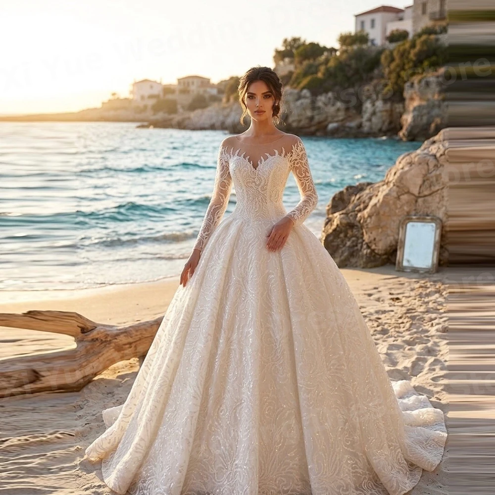 Luxurious A Line Women's Long Sleeve O Neck Lace Wedding Dresses Vestido De Novia Sequined Bride Gowns Customized Robe De Mariée