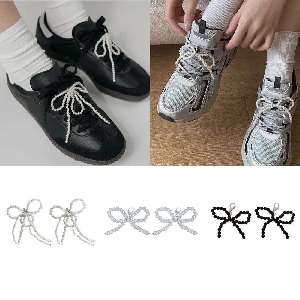 Lace Silver Bow Lace Handmade Shoes Clips Bag Pendant Bow Key Chain Accessories Ballet Style Shoelace Pearl Bow Heart Shoe Chain