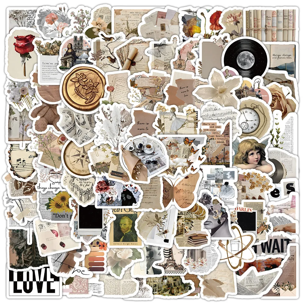 

100PCS Shabby Retro Newspaper Diary Stickers Graffiti DIY Decorative Phone Case Luggage Computer Waterproof Sticker Kids Toy