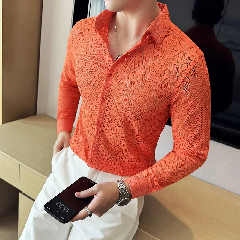 New Sexy Lace Shirt for Men High Quality Long Sleeved Casual Shirt Hollow Out Social Banquet Nightclub Shirt Streetwear Blouse