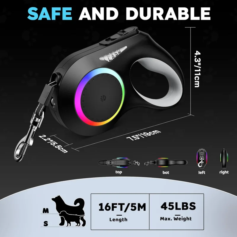 Retractable Dog Leash with LED Flashlight for Small Medium Large Breed Dogs