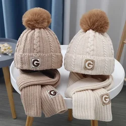 Children Winter Hats Scarf Set Knit Beanies Thick Double Layers Cute Fur Pompom Winter Hats Girls Boys Warm Set 3-10 Years