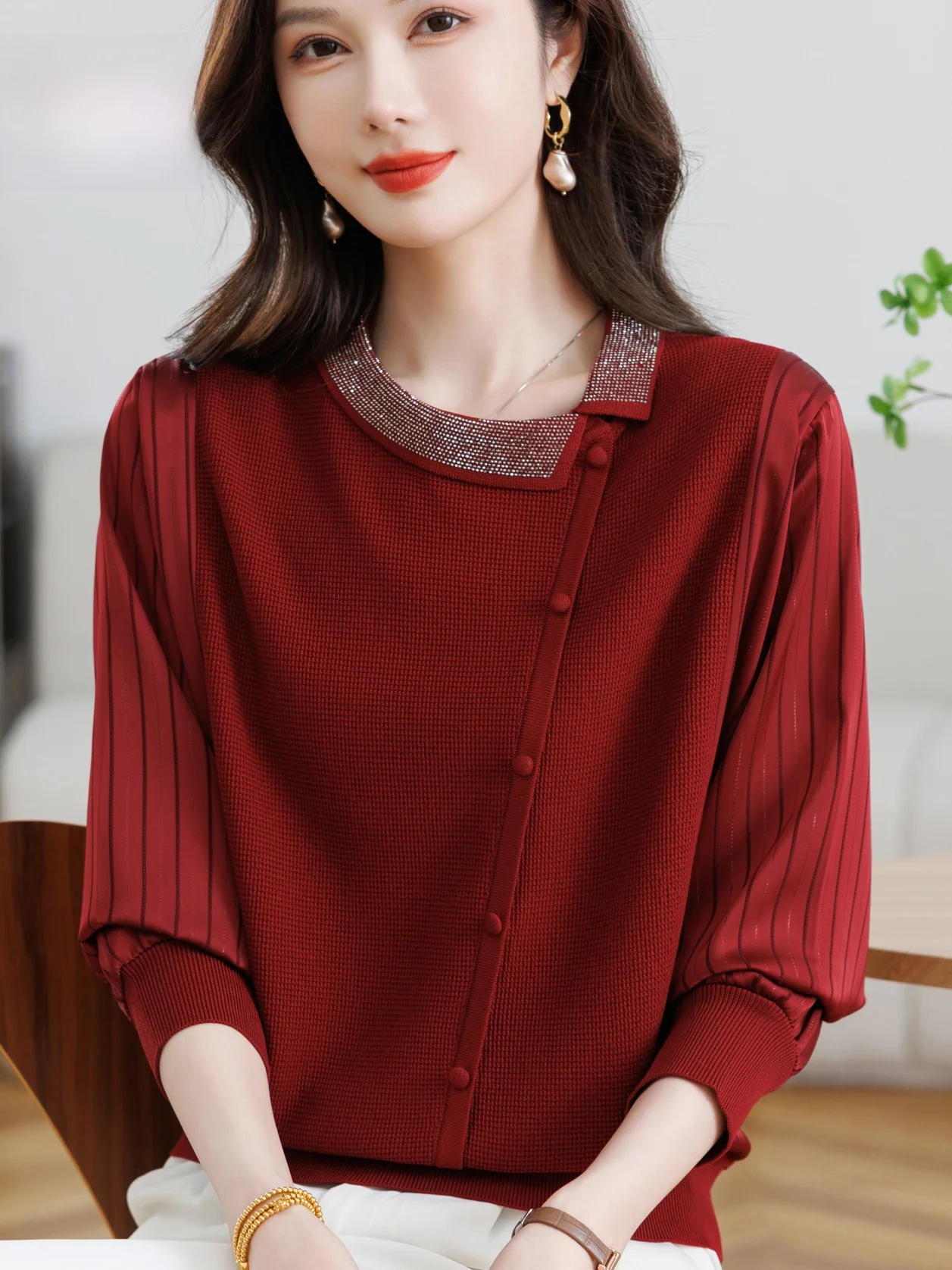 

Spring Autumn Fashion Knitted Shirt Women's Slim Fit Button up Chiffon Sleeve Turn down Collar Top Lightweight Mommy Style