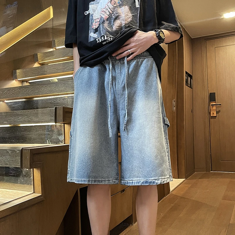 メンズストレートデニムショーツ,ルーズフィット,伸縮性のあるウォッシュドジーンズ,ベーシックスタイル