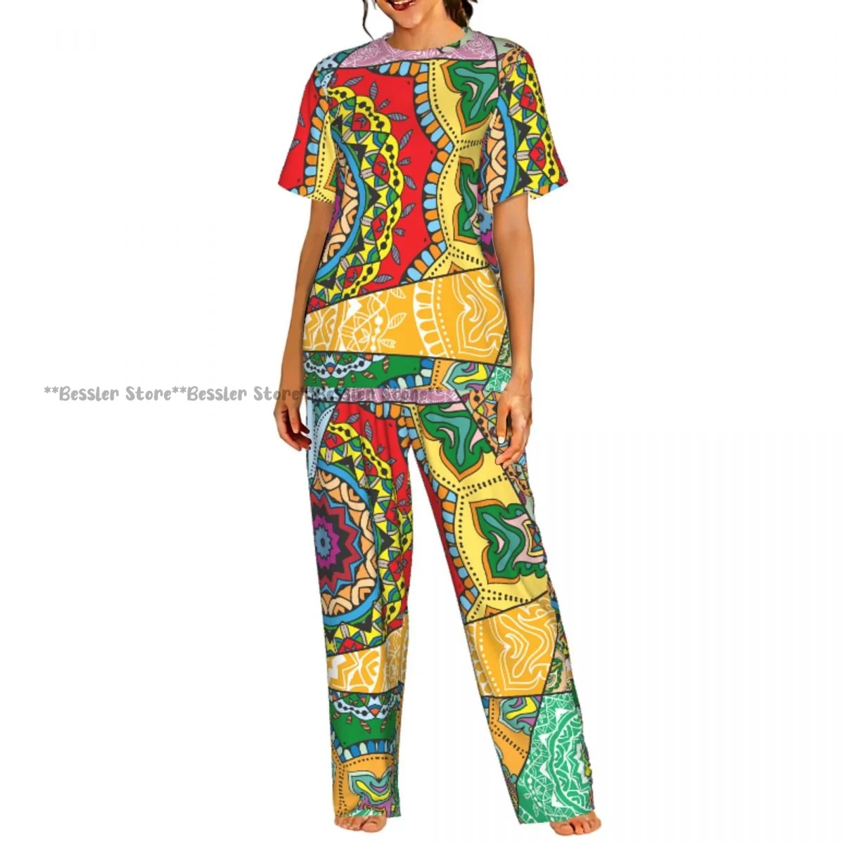 

Винтажный пижамный комплект с мозаичным принтом в индийском, арабском и турецком стиле, с короткими рукавами, для женщин, домашняя одежда