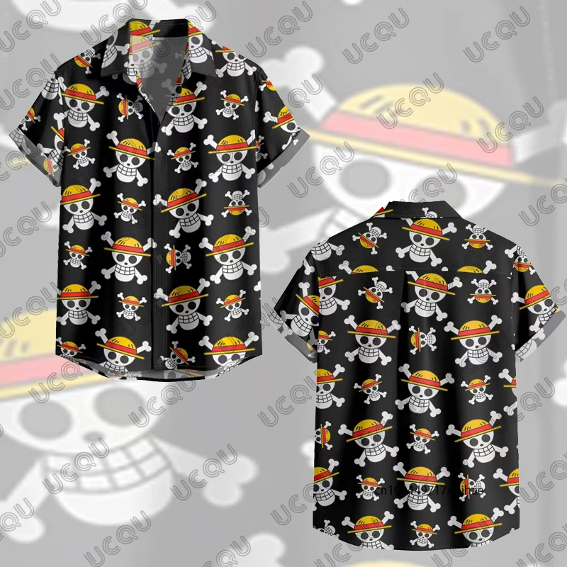 

2026 Summer New One Piece Anime Print Men's Lapel Hawaiian Shirt Casual Beach Vacation Short Sleeve Tees Sports Kids/Adult Tops