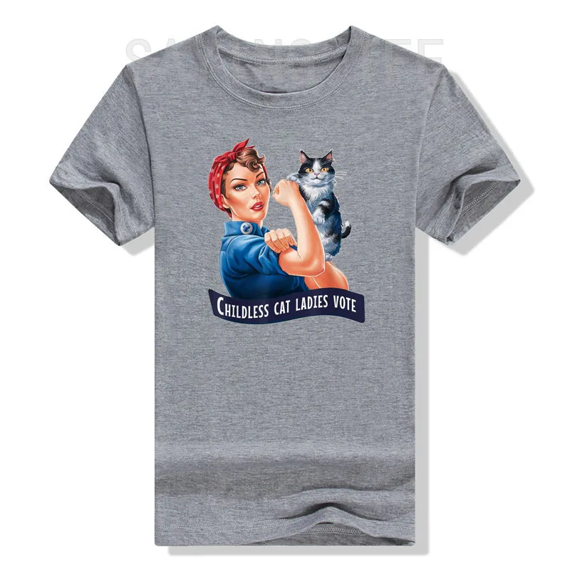 CHILDLESS CAT LADIES VOTE ROSIE THE RIVETER T-Shirt Women's Fashion Kitty Lover Graphic Tee Short Sleeve Blouses Novelty Gift