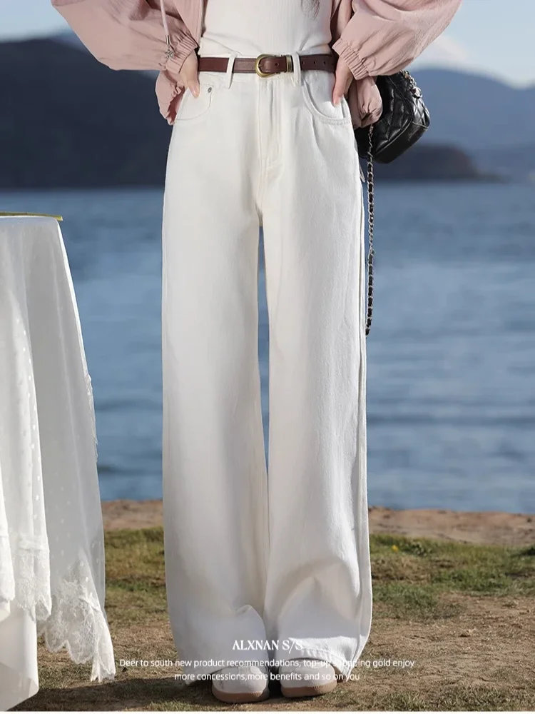 

ALXNAN Women's Pants White Casual Wide-leg Cotton 100% Denim Jeans Elegant High-waist Straight Long Baggy Pants Female L53017