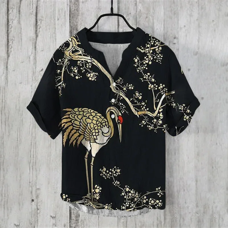 

Men's Henry Collar Shirt Chinese Crane Print Daily Casual Short Sleeve V Neck Men's Tops Large Size Comfortable and Fashionable