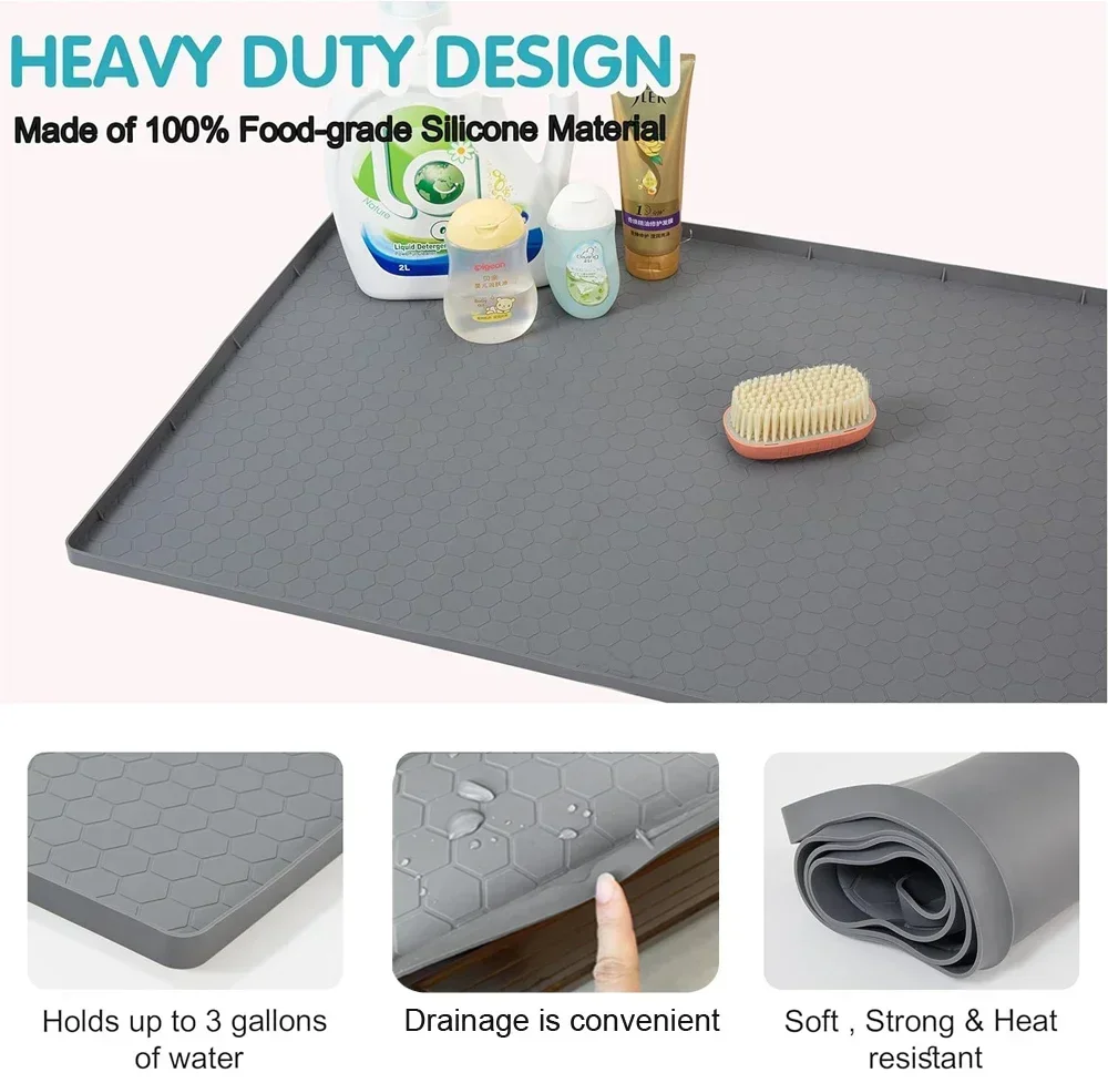 Under Sink Mats Waterproof Silicone Under Kitchen Sink Liner Mat Flexible Rubber Washable Shelf Mats Drawer for Bathroom