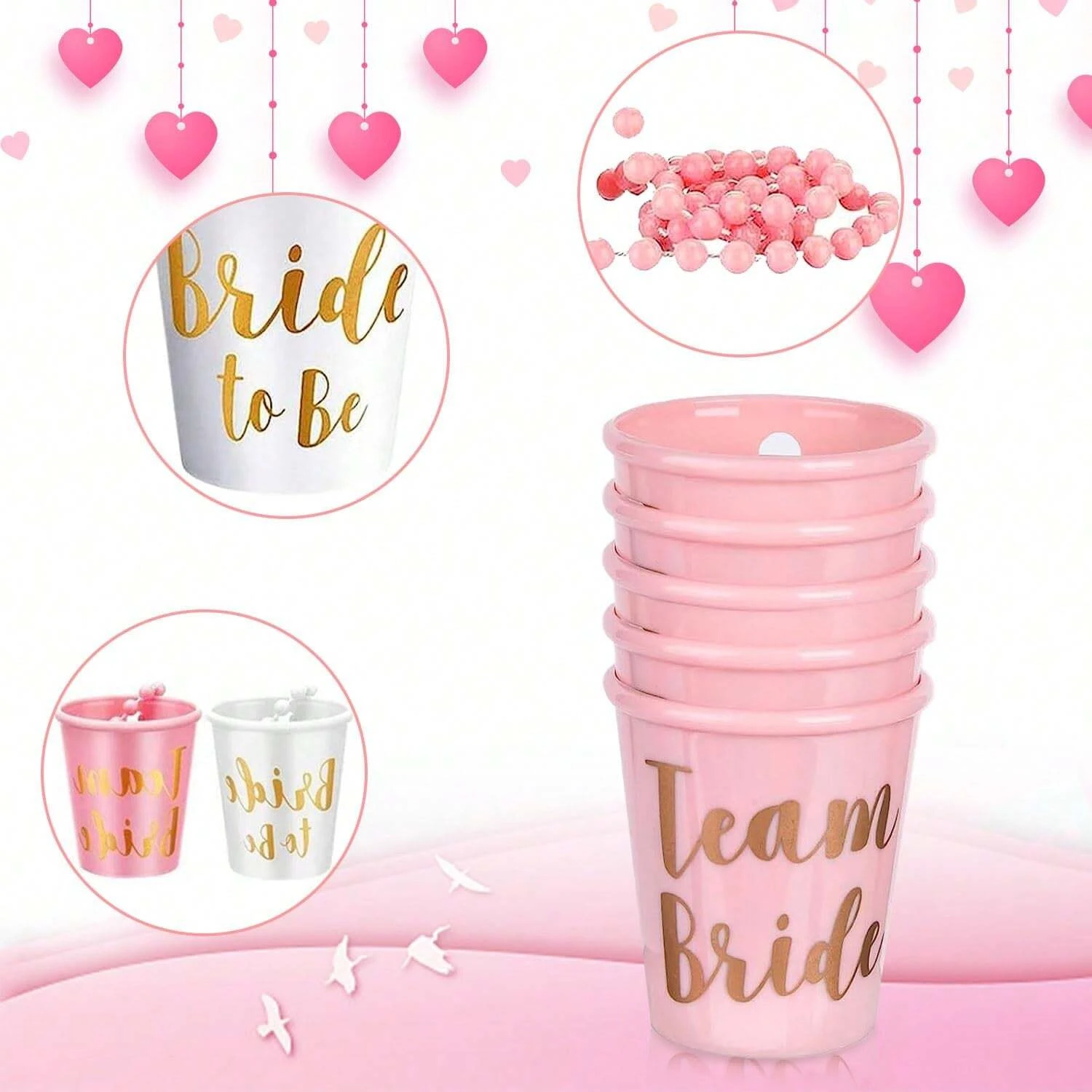 7/12pcs Bride Necklaces Bridal Shot Glasses Bridal Plastic Cups Pearls Snap Glass Necklace for Bachelorette Party Bridal Decor