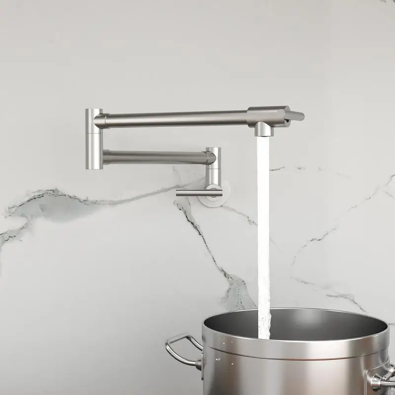キッチンシンク用壁掛けポットフィラー蛇口、折りたたみ式＆伸縮式、シングルホール、デュアルハンドル、ブラッシュニッケル仕上げ