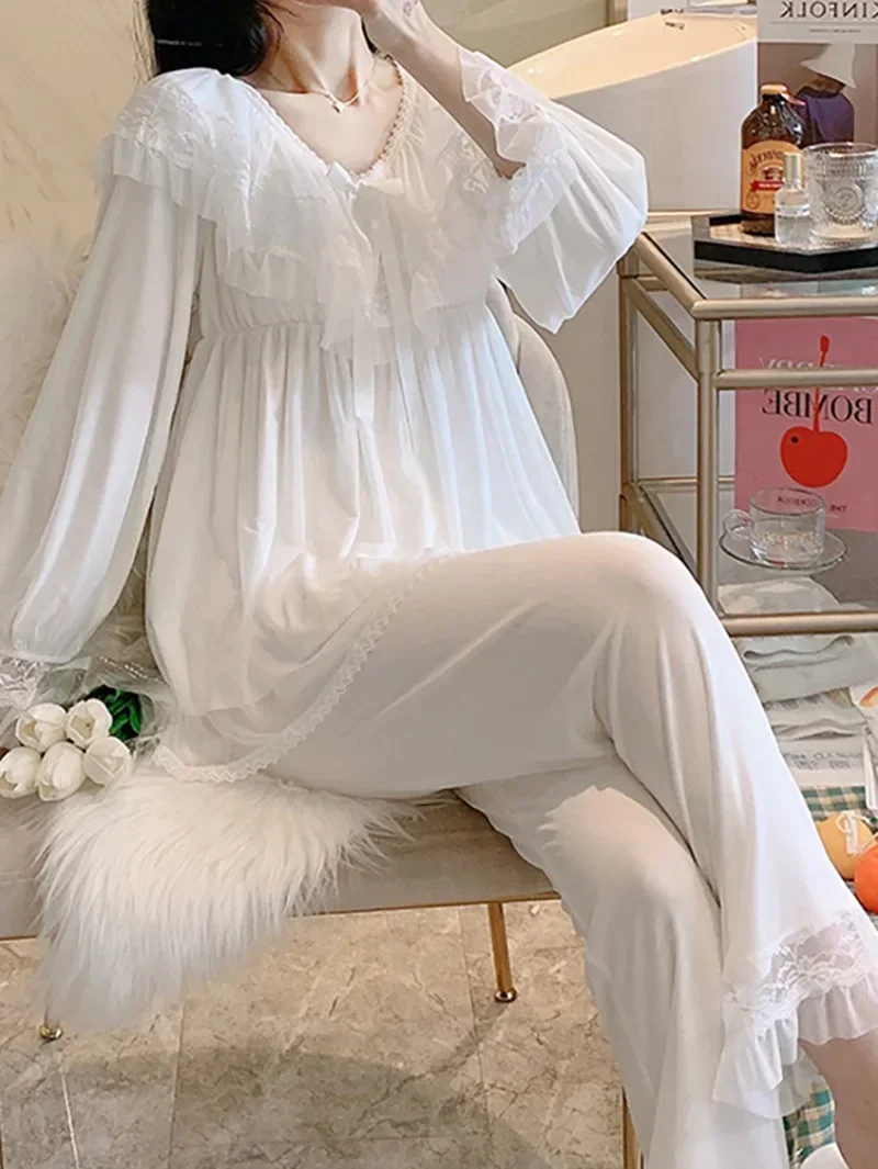 

Женские женские сказочные оборки, модальные кружевные пижамы в викторианском стиле, домашняя одежда, костюмы из двух предметов, винтажные ночные рубашки принцессы в стиле Лолиты, одежда для сна